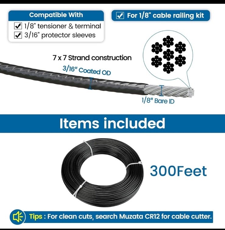 300 Ft Black Vinyl Coated Wire Rope 1/8" Overmolded to 3/16" for Seaside Coastal