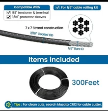 300 Ft Black Vinyl Coated Wire Rope 1/8" Overmolded to 3/16" for Seaside Coastal