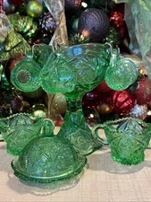 Miniature Glass Child’s Glass Green Punch Bowl & Creamer, Sugar, Butter Dish Set