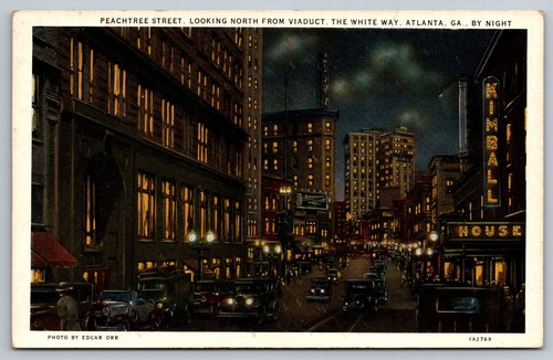 Vintage 1954 Peachtree Street Nachtansicht Postkarte, Atlanta, GA - Bild 1 von 2