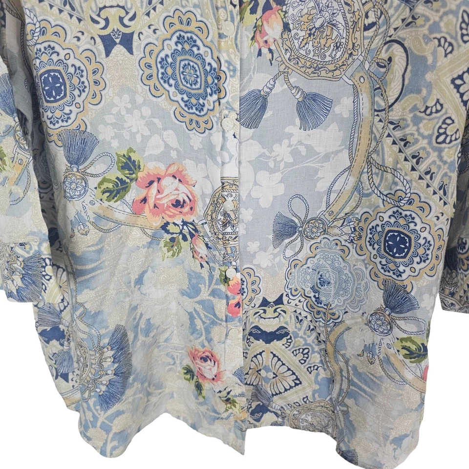 Top túnica de lino Chico's para mujer 4 EE. UU. XXL azul camisa floral sin camisa de hierro Foto 3 de 4