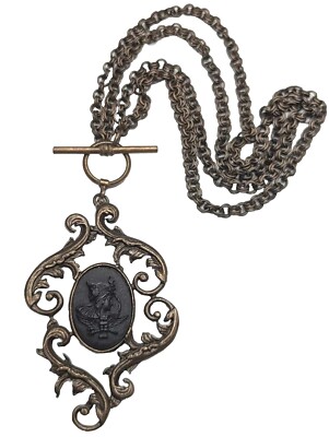 Signed EXTASIA Black Cameo Pendant Multi Chain Toggle Statement 16'' Necklace