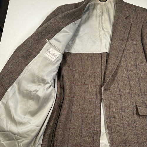 Vintage Mens Sports Coat Wool Tweed Windowpane 44R Brown USA Union Made - Picture 2 of 14
