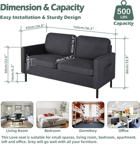 56" W Fabric Loveseat Sofa with 2 USB, Small Couches for Living Room, Bedroom, O - Picture 3 of 12