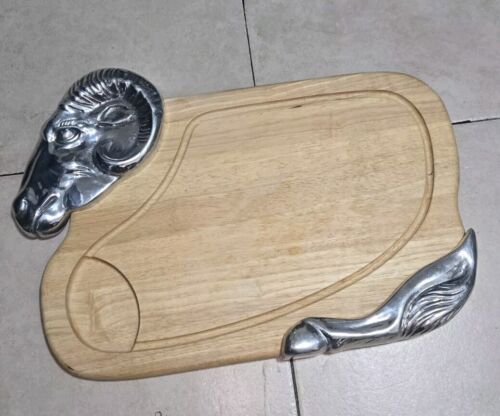 Decorative Wooden Cutting Board with Silver Ram Head Handles Serving Platter