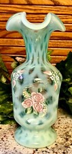 VHTF Fenton HP DIAMOND OPTIC BLUSH ROSE TRELLIS ON OPALINE PINCH VASE 1996