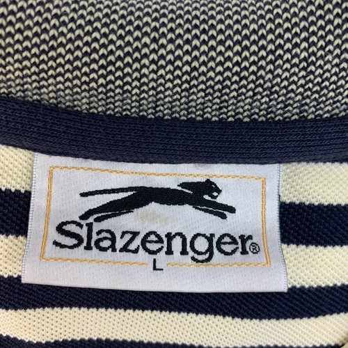 Vintage Slazenger Polo Shirt Mens L Large Cream Navy Striped Cotton Short Sleeve - Picture 4 of 9
