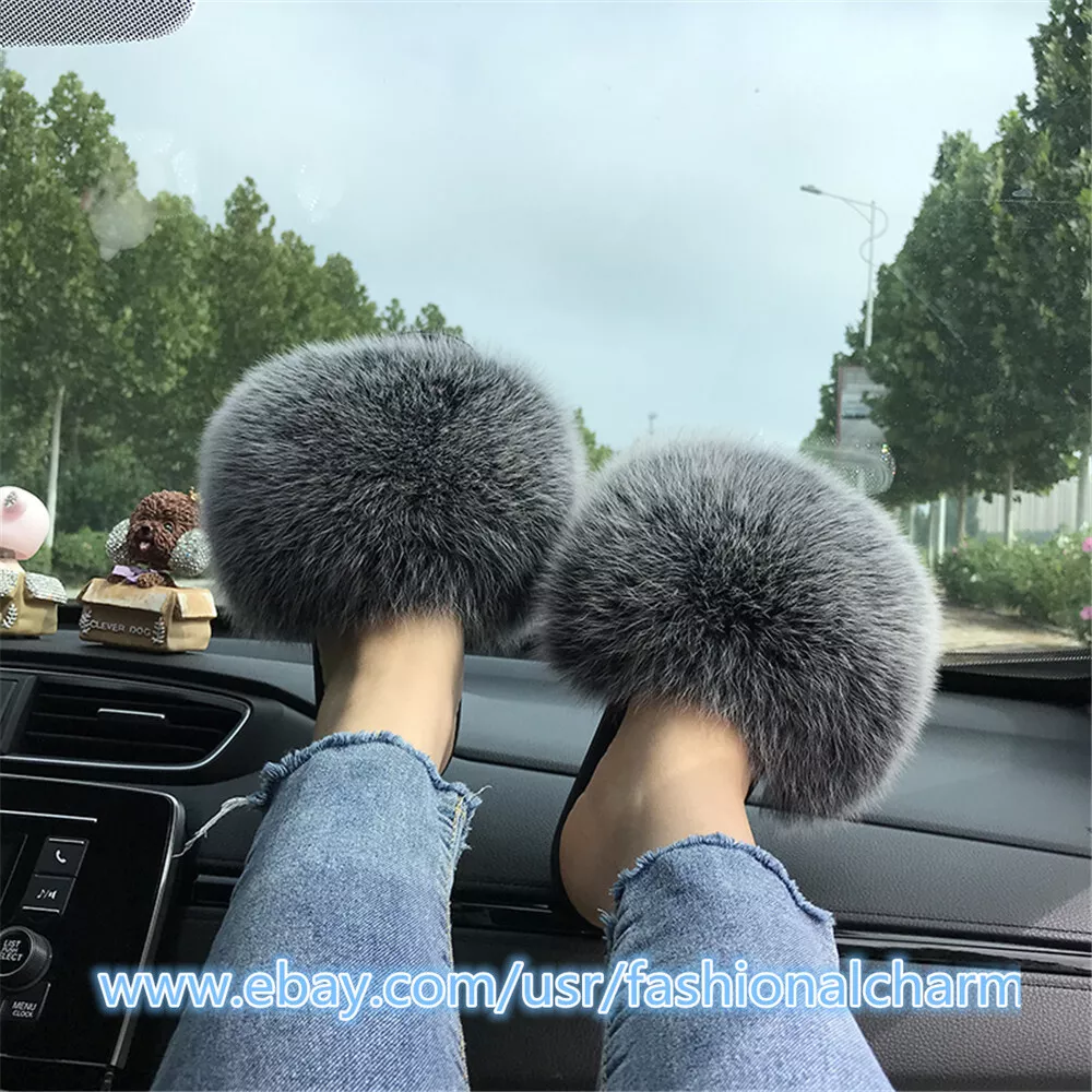 Black Frost Real Fox Fur Slides Women s Slippers Sliders Summer