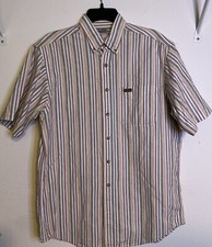 VTG CARHARTT M BEIGE STRIPED CASUAL WORK BUTTON-DOWN SHORT SLEEVE SHIRT