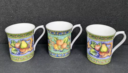 Queen's Fruit Scrolls Border Tea/Coffee Mugs/Cups, Set of 3, 6oz, India