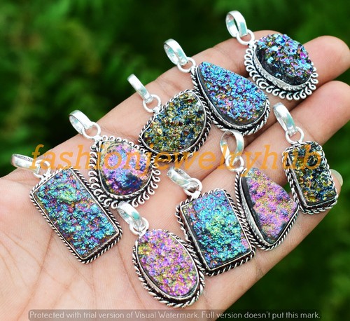 Titanium Drusy Gemstone Wholesale Pendant 5Pcs Lot 925 Silver Plated Jewelry - Picture 3 of 5