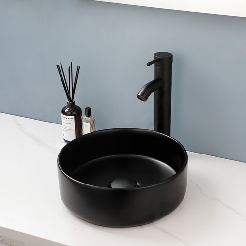 Bathroom Ceramic Vessel Sink Black Round Single Handle&Hole Mixer Deck Mount Tap - Picture 7 of 8