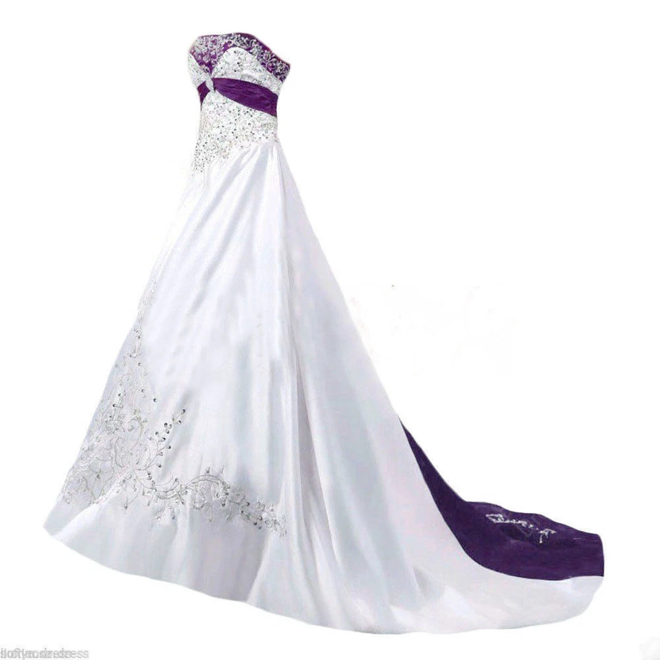 A Line Strapless Bead Embroidery White Purple Vintage Bridal Gown Wedding Dress - Image 2 of 4