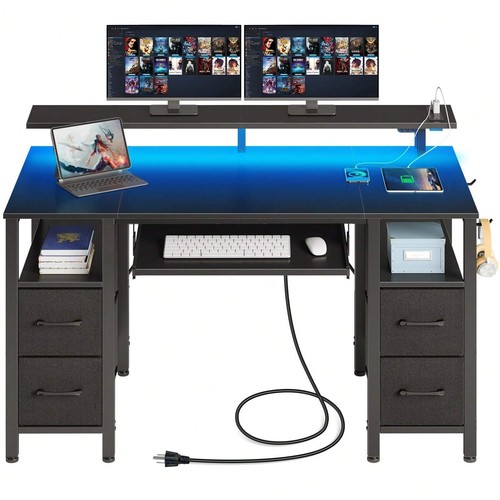 Computer Desk 47.2"/55" With LED Lights & Power Outlets-Lightning Deals
