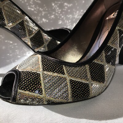 Black/Silver Checkerboard Sequin Hi Heel Peep-Toe Pump ''Future'' by Unlisted 10M