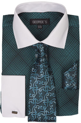 New Mini Plaid/Check Design Dress Shirt French Cuff White Collar Turquoise  Green | eBay
