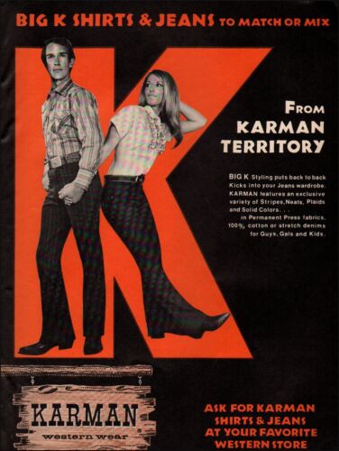 1970er Jahre Vintage Werbung KARMAN Westernbekleidung Retro Mode Big K Jeans 15.02.23 - Bild 1 von 1