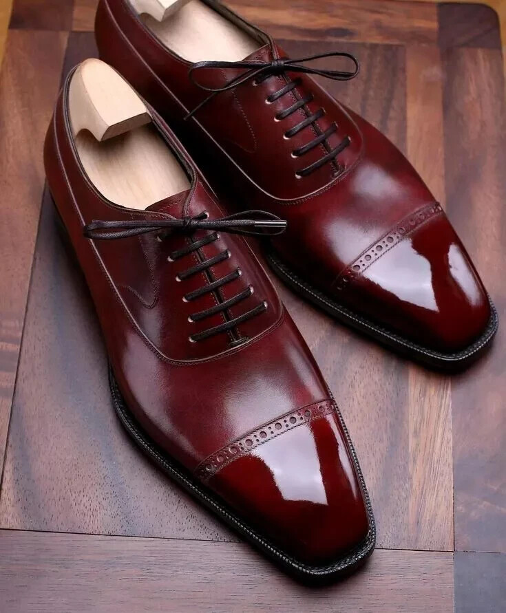 New Fashion Premium Quality Shiny Maroon Leather Cap-toe 