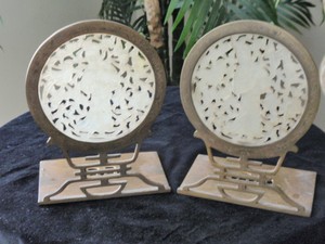Antique Chinese Bookends Jade With Brass Rims