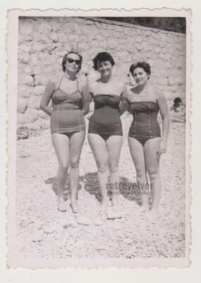 Three Pretty Attractive Young Women Beach Bikini Swimsuit Females Snapshot Photo
