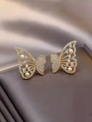 Real Moissanite 2.10Ct Round Cut Butterfly Stud Earings 14K Yellow Gold Plated - Picture 5 of 6