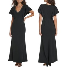 VINCE CAMUTO NWOT Beaded V Neck Flutter Sleeve Formal Gown Size 4 Black Elegant