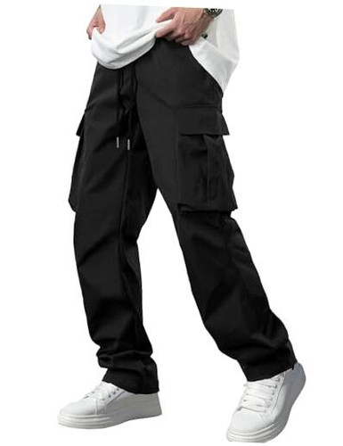 Men's Casual Cargo Pants Workout Joggers Stretch Sweatpants Medium Black