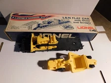 Lionel/ Menards  0 / 027 C & NW  Flatcar w/Dozer / Scraper load and Lionel box