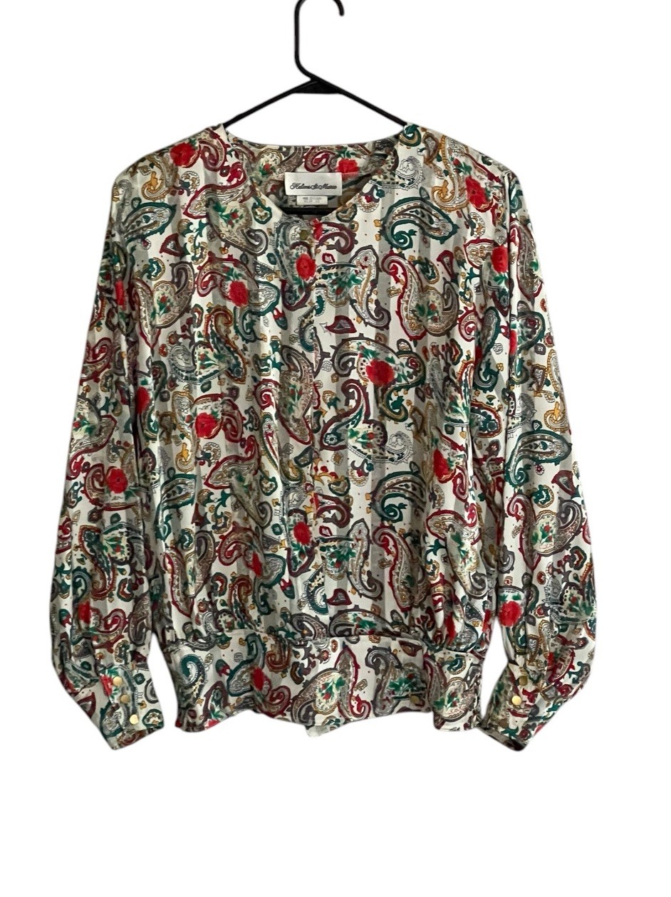 Vintage Women Blouse Sz 12 80's 90's Floral Paisley Retro Boho Gold Buttons