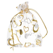 50 Pcs Organza Bag 3.5"x4.7" Sheer Heart Mesh Bags Drawstring White-Gold