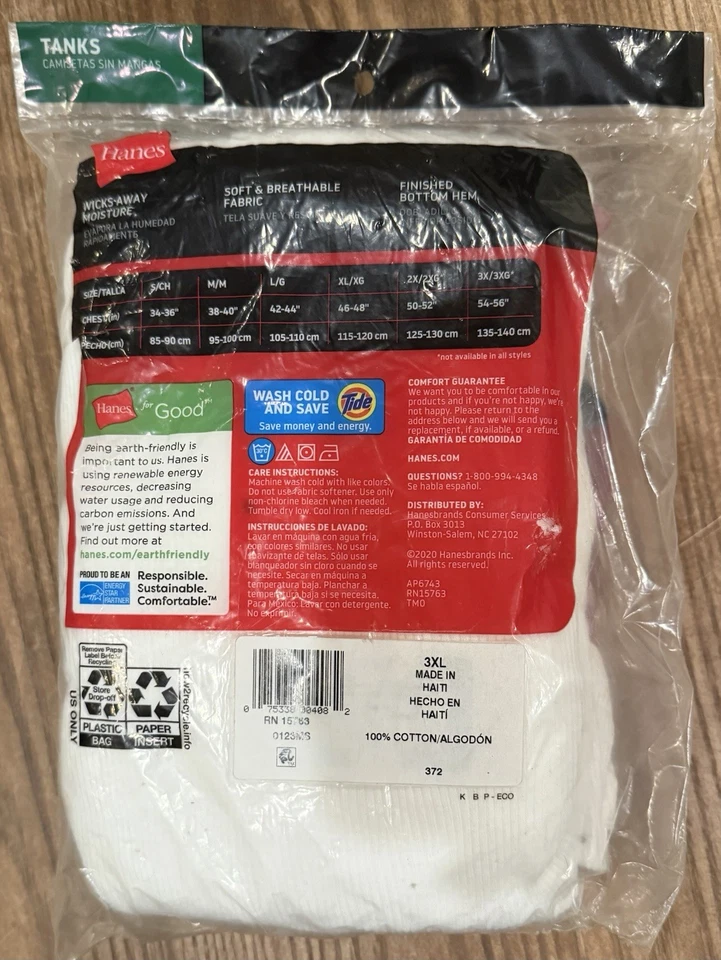 Hanes Tagless Tanks 3 Pack White 3XL 54-56" 100% Cotton - A0096 - Image 3 of 4