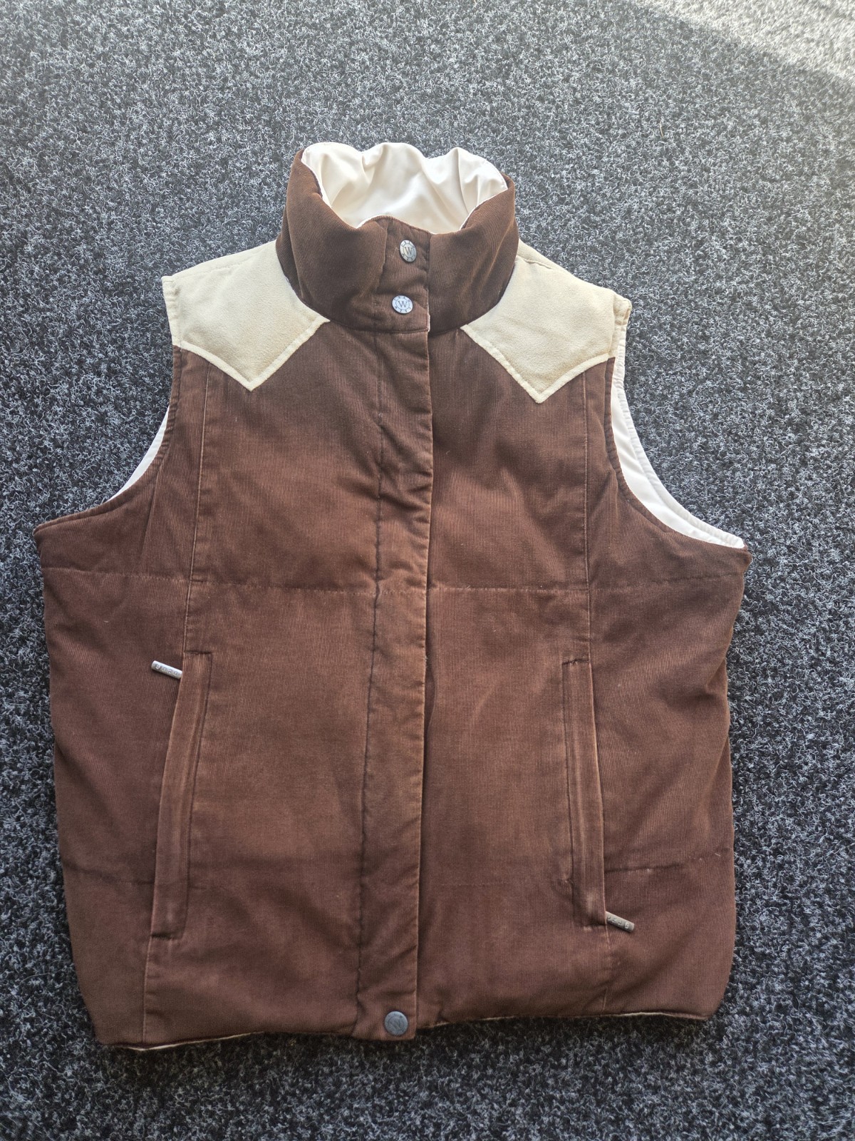 Crew Clothing reversible down feather gilet women’s size 12 cream & brown