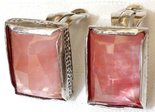 Art Deco Silver Sterling 925 Clip on Earrings set with Faceted Rose Quartz, 16g