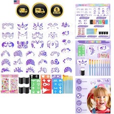Face Paint Stencils Kit Facial Body Tattoo Templates Makeup Brushes Gems