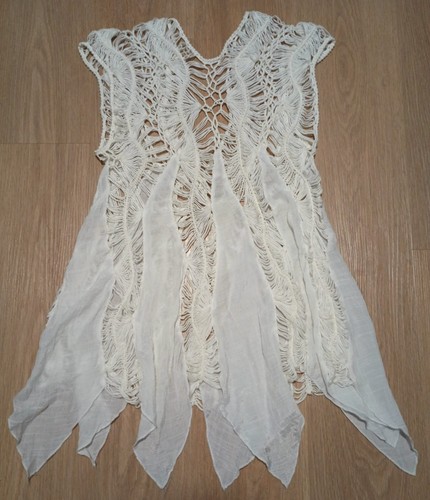 Vintage 70er offene Häkel Strick Tunika HIPPIE Boho Staubtuch Pullover Top Cardigan Fee S - Bild 7 von 9