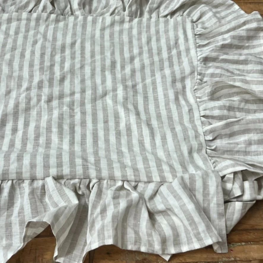 The White Linen Farmhouse Chair Cover Ruffled Striped White & Tan French Linen - Image 3 of 4