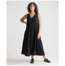Quince 100% Organic Cotton Gauze Tiered Maxi Dress Black Basic Sleeved L