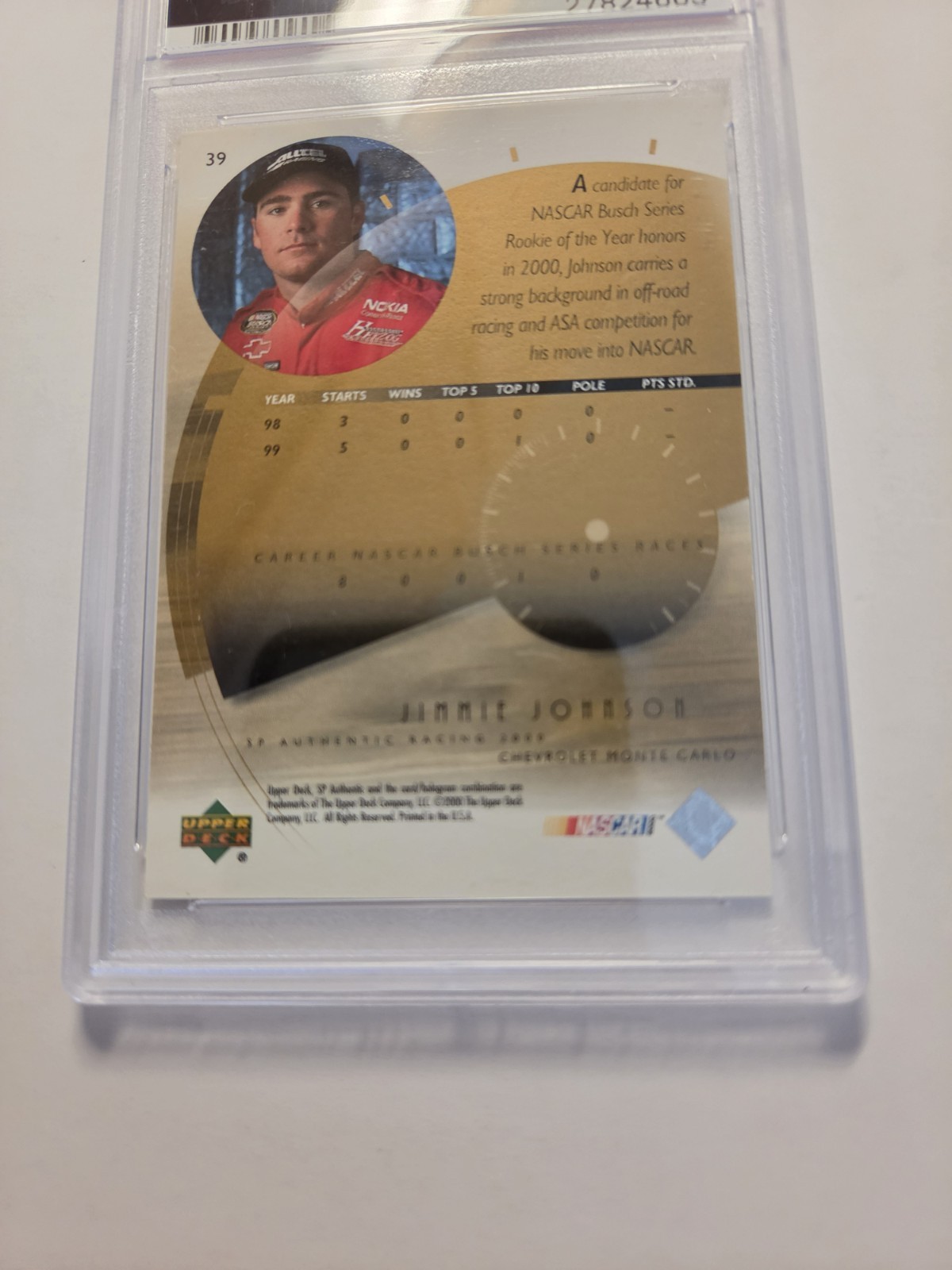 "7-TIME" CUP CHAMP JIMMIE JOHNSON 2000 "SP AUTHENTIC" #39 ROOKIE CARD PSA 9 MINT view 7