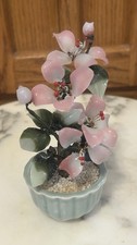 VTG Chinese Jade Glass Leaves Pink Cherry Flowers Bonsai Tree Green Celadon Pot