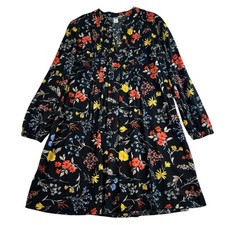 Old Navy Sz M Pintuck Swing Dress Black Floral Long Sleeve Boho Cottagecore Boho