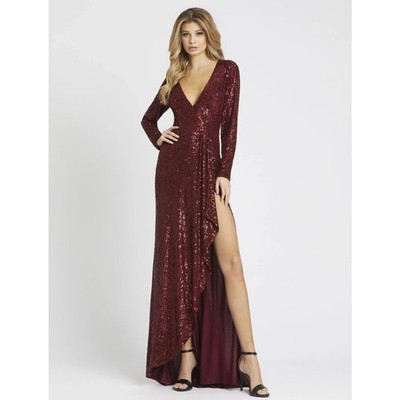 Ieena for Mac Duggal  Red Faux Wrap Long Sleeve Sequin Gown - Size 6 - NWT