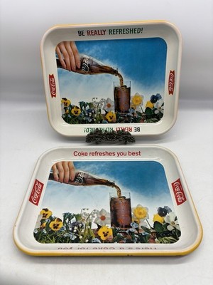 Vintage 1960's Coca-Cola Metal Serving Tray Here s a Coke Pansy Flowers Lot of 2