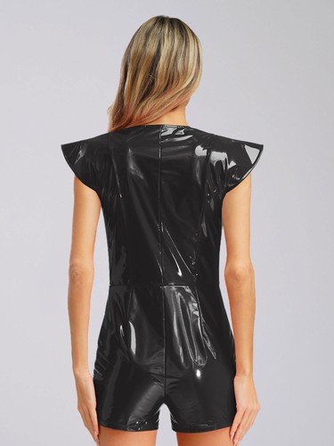 Women's Wet Look Faux Leather Bodysuit Front Zipper Slim Fit Catsuit Clubwear - Picture 12 of 36
