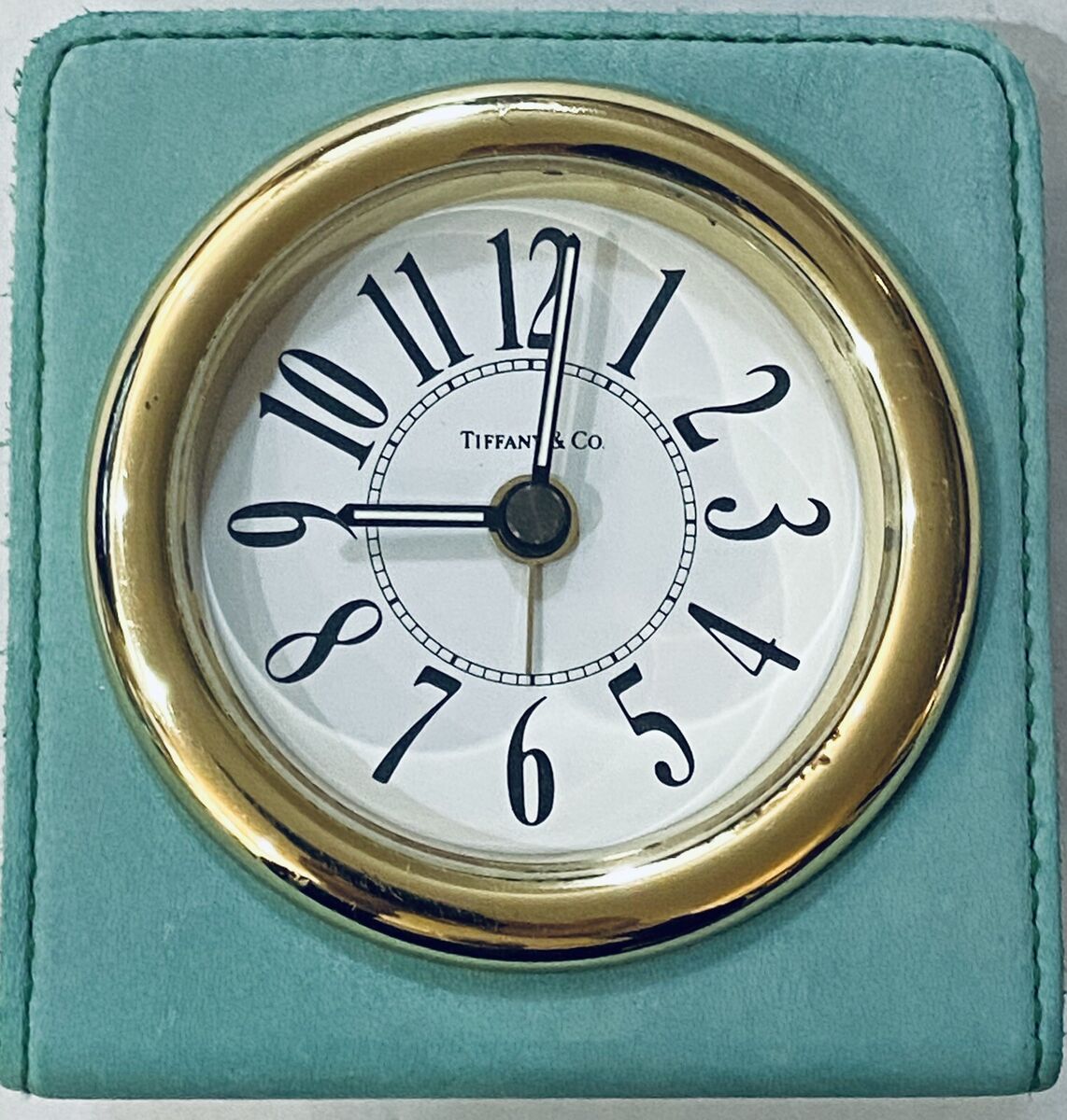 TIFFANY & COMPANY LEATHER QUARTZ DESK/TRAVEL CLOCK-3”X3 TIFFANY & COMPANY LEATHER QUARTZ DESK/TRAVEL CLOCK-3”X3