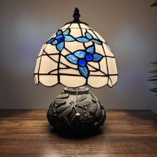 Tiffany Style Mini Table Lamp White Blue Stained Glass Flowers LED Bulb 12"H