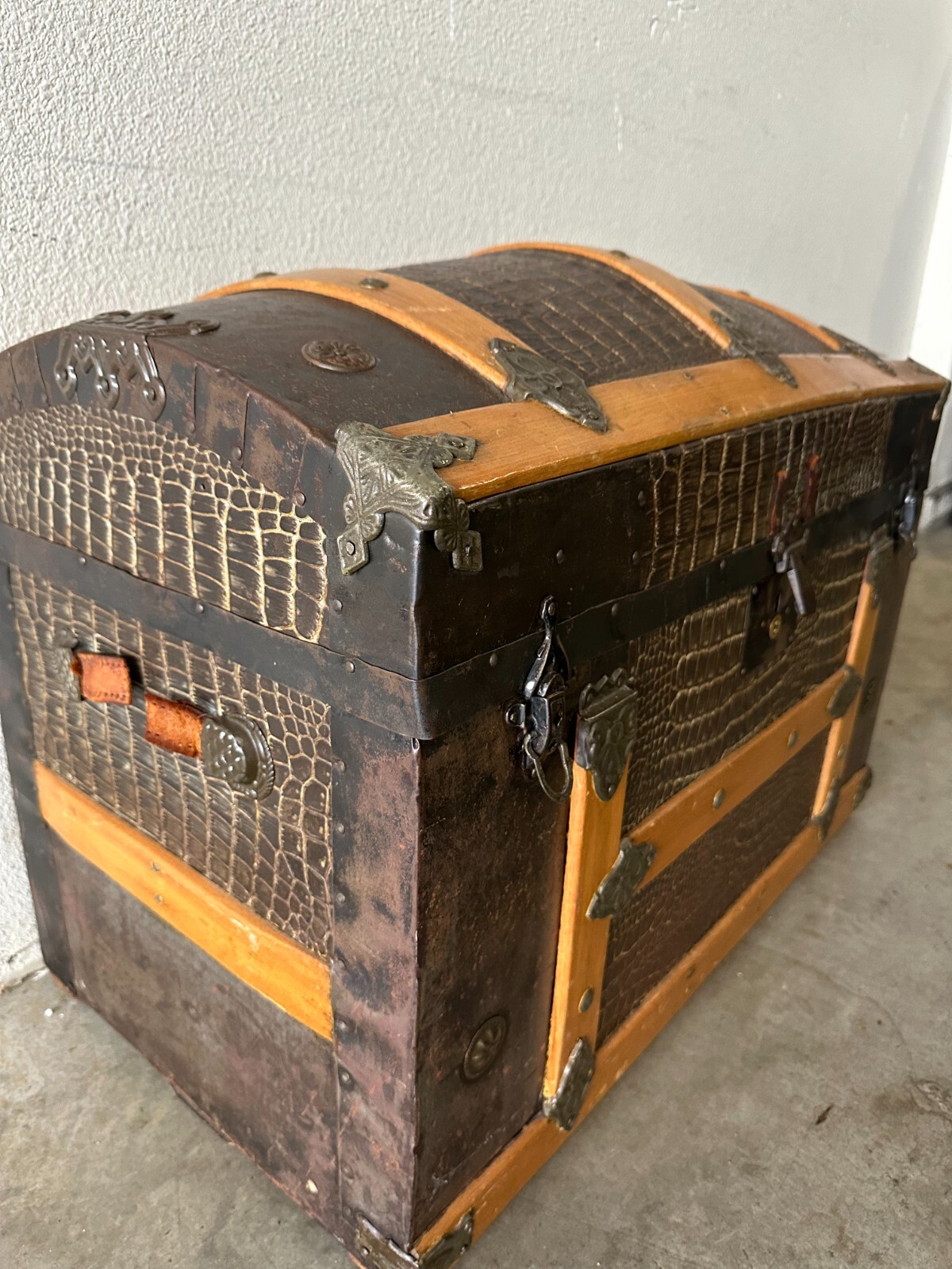 Antique Victorian Domed Steamer Trunk Alligator embossed 1880 Pirate chest