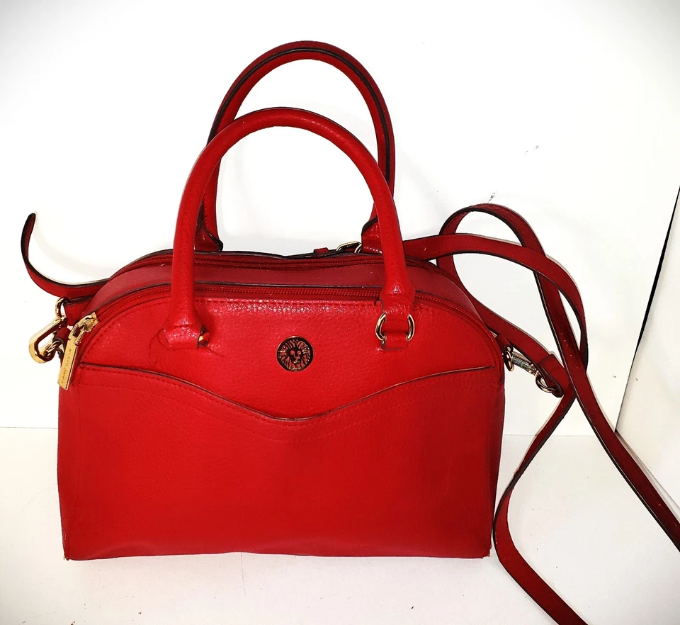 Vintage Anne Klein Red Dome Satchel Lion Logo Gold Hardware Crossbody Handbag - Image 2 of 4