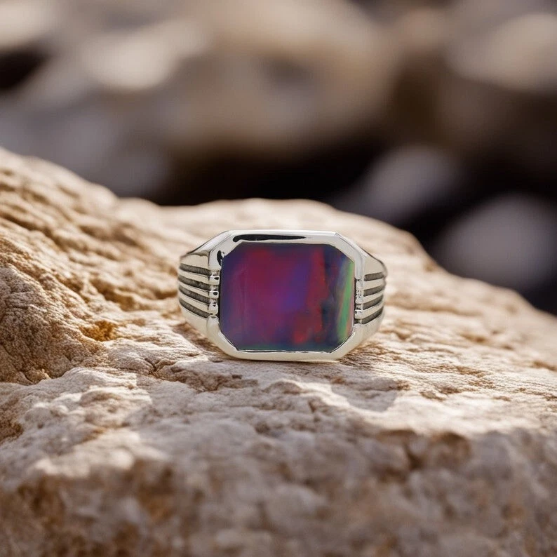 RAINBOW RED OPAL RING 925 STERLING SILVER RING MENS SIGNET RING GIFT FOR HIM