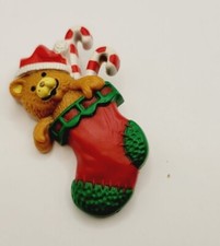 Hallmark Plastic Teddy Bear Stocking Brooch Pin Christmas Candy Canes Vintage