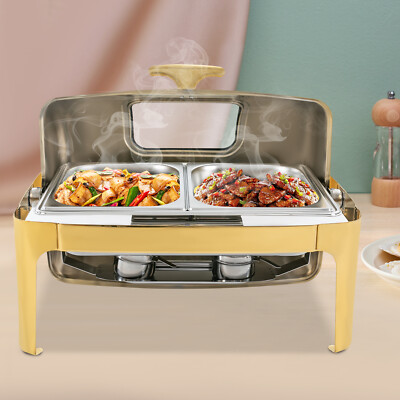 Gold 2-Pan Stainless Steel Chafing Dish With Glass Lid 2×1.19Gal Countertop